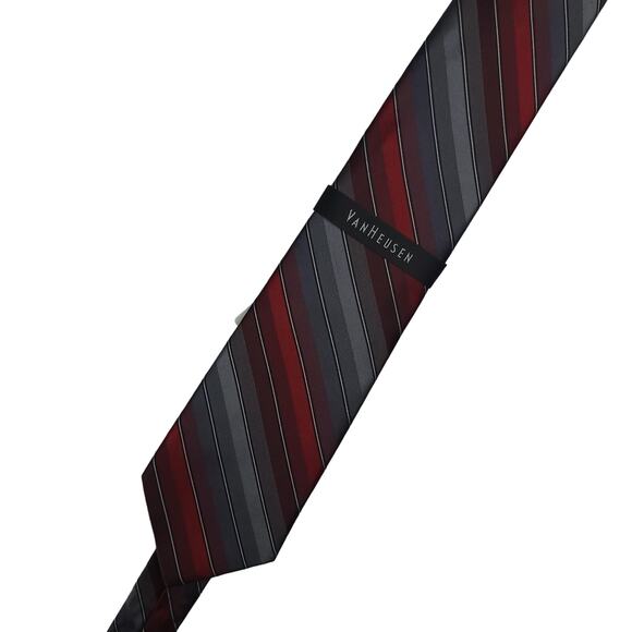 Van Heusen Men’s Spinner Ladder Stripe Tie Red Gray Silk Blend NWT $40 MSRP - Picture 1 of 5